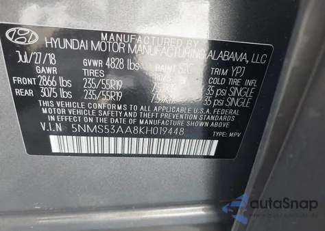 2019 Hyundai Santa Fe Ultimate 2.0T from USA, damaged, VIN 5NMS53AA8KH019448